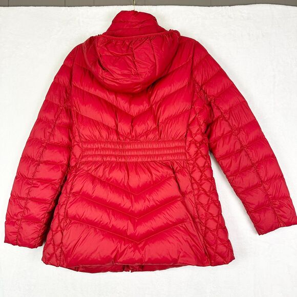 Michael Kors Packable Down Fill Jacket Size Large Red Hooded Full Zip Quilted - Picture 2 of 9